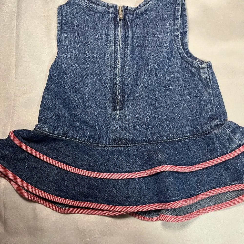 Vintage Faded Glory Baby Denim Dress 0-3M Red Trim Swirl Ruffle Zip‎ Back